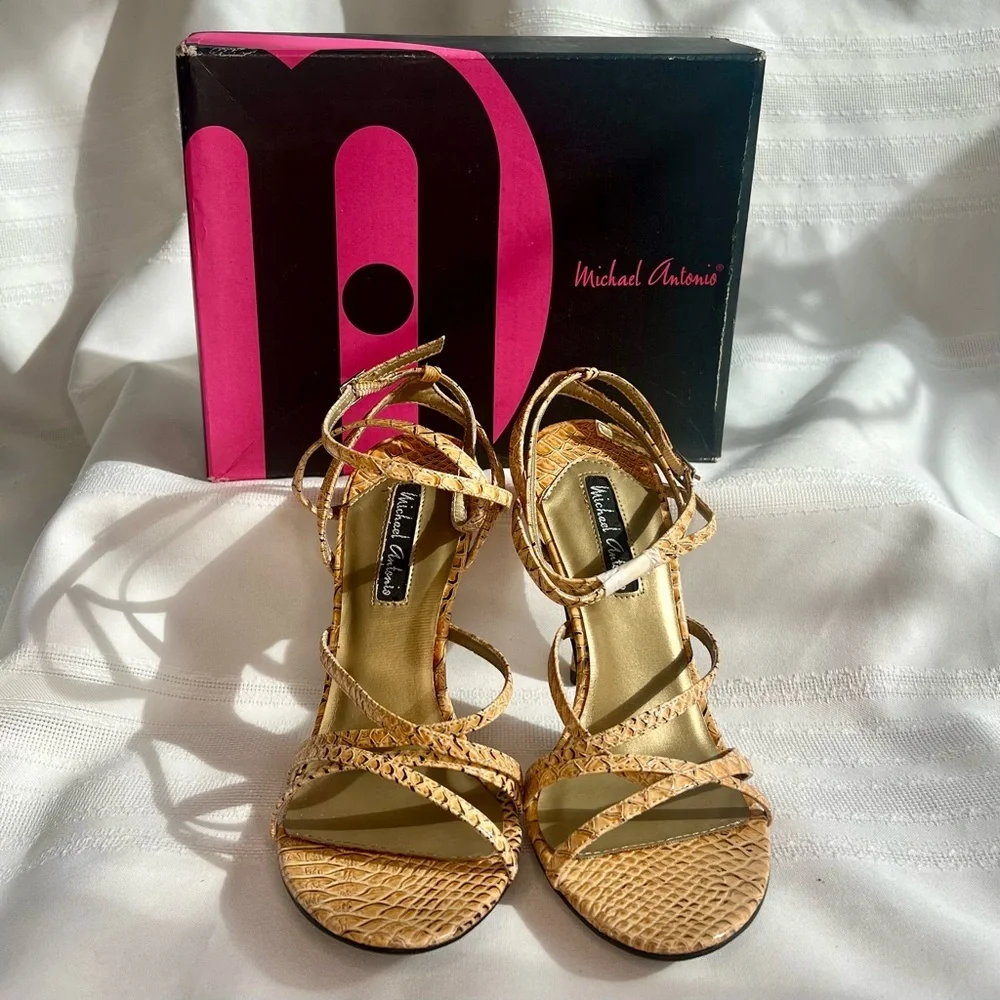 Michael Antonio Strappy Stilettos Snakeskin‎ Reptile Heeled Sandals Sz 7 NIB